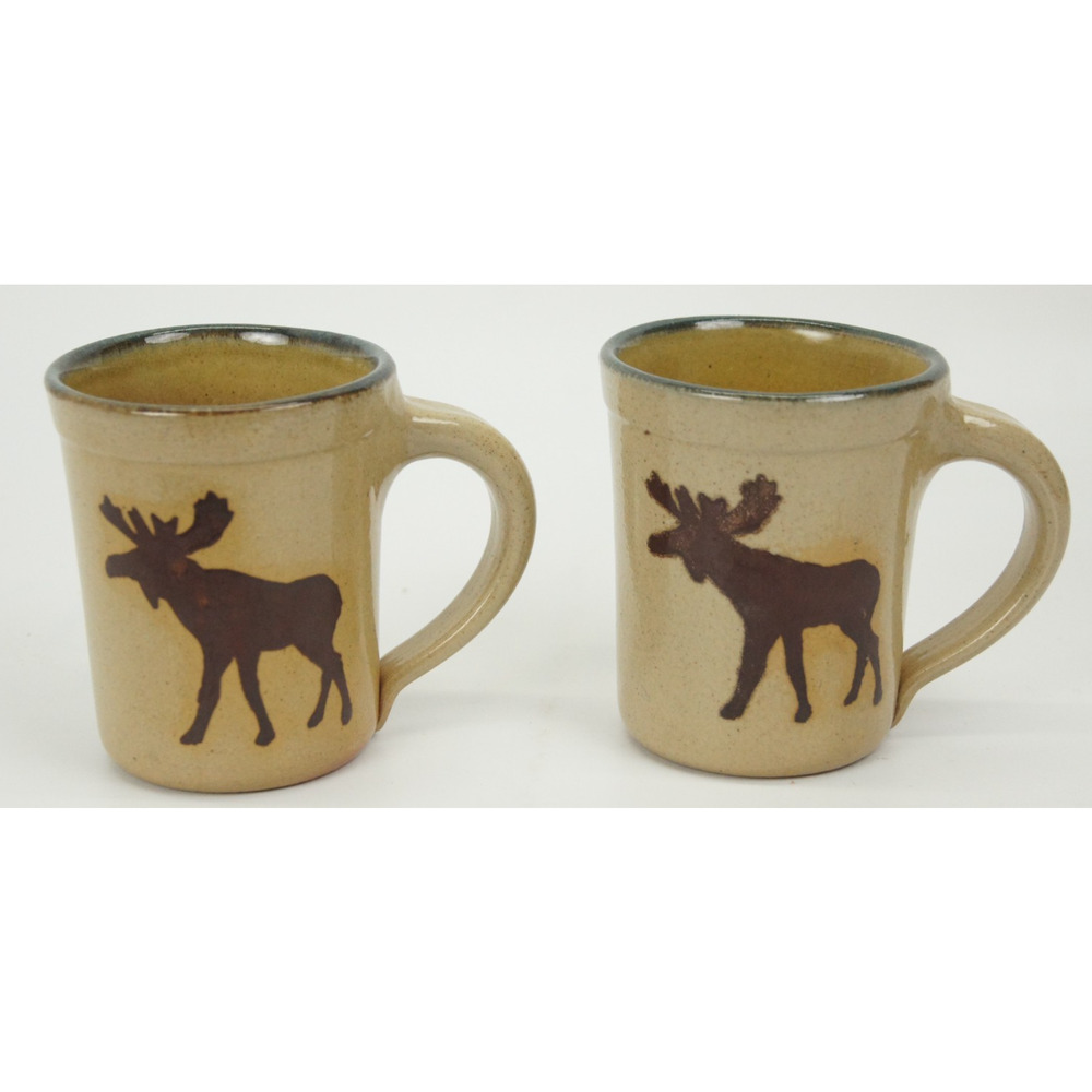 Monroe Salt Works Maine Moose Pottery Mug Cream Brown Green Trim Set of 2